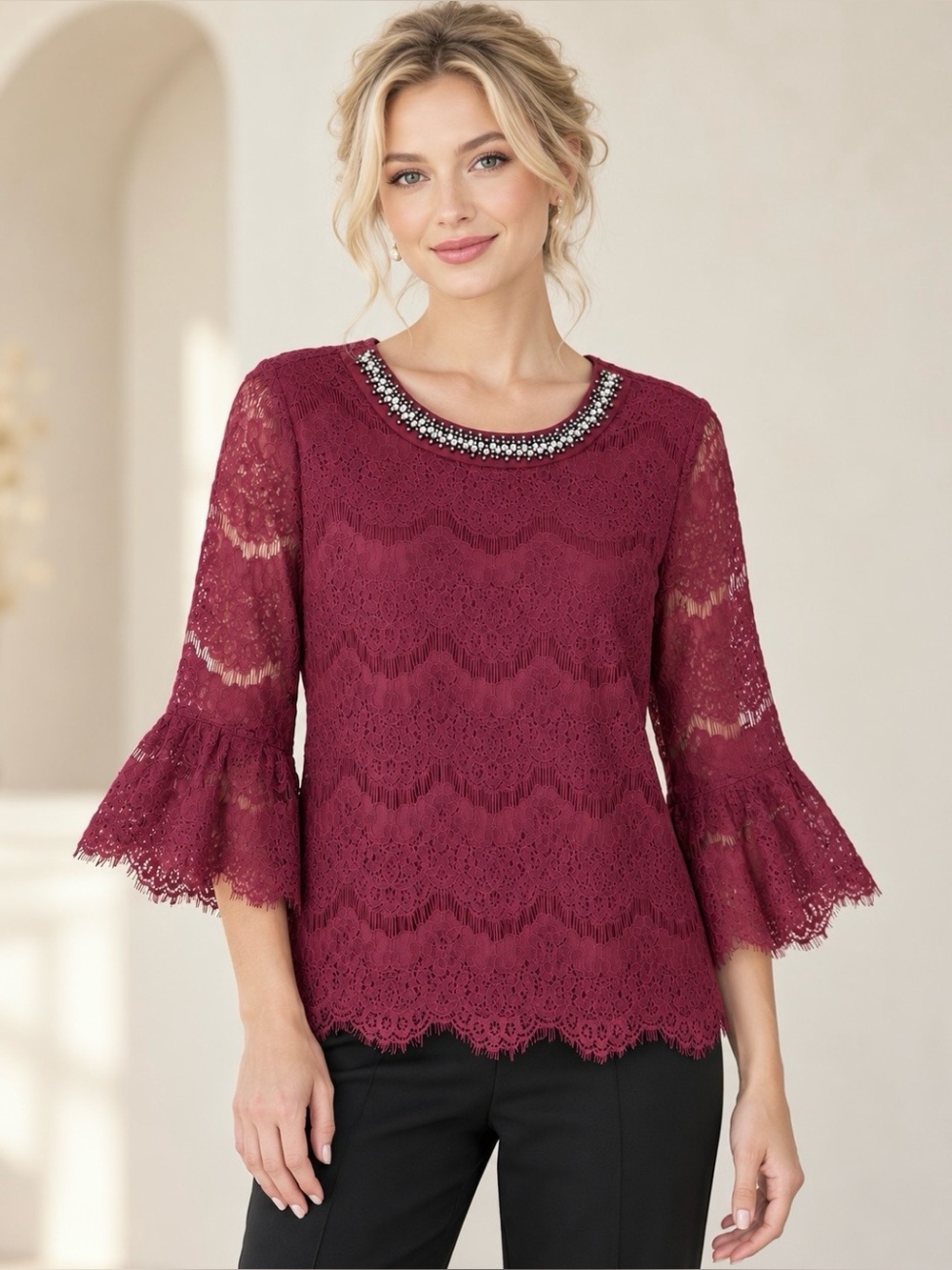 Lily White Lace Embellished Rhinestone Blouse 3/4 Bell Sleeve Back Keyhole